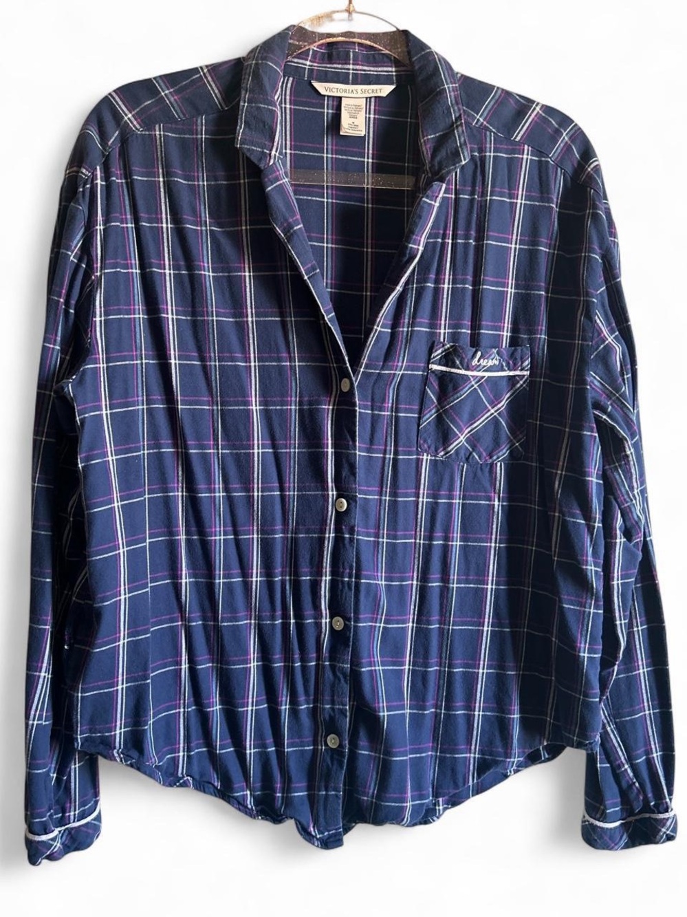 Victoria's Secret Navy Plaid Long-Sleeve Button-Up Pajama Shirt size M
